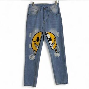 Graphic Patch Jeans Smiley Face Distressed Y2K Streetwear Size 28